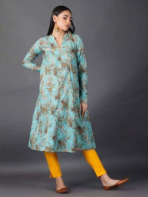 fabnest digital printed kalidaar full sleeves cotton kurta & yellow rayon slim pants