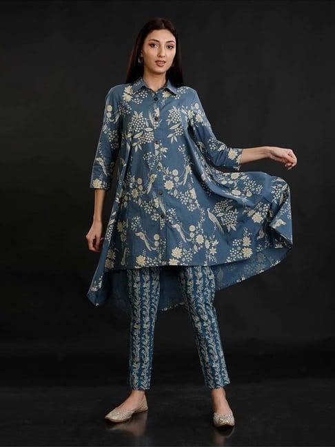 fabnest dull blue cotton discharge print assymetrical kurta and pant set