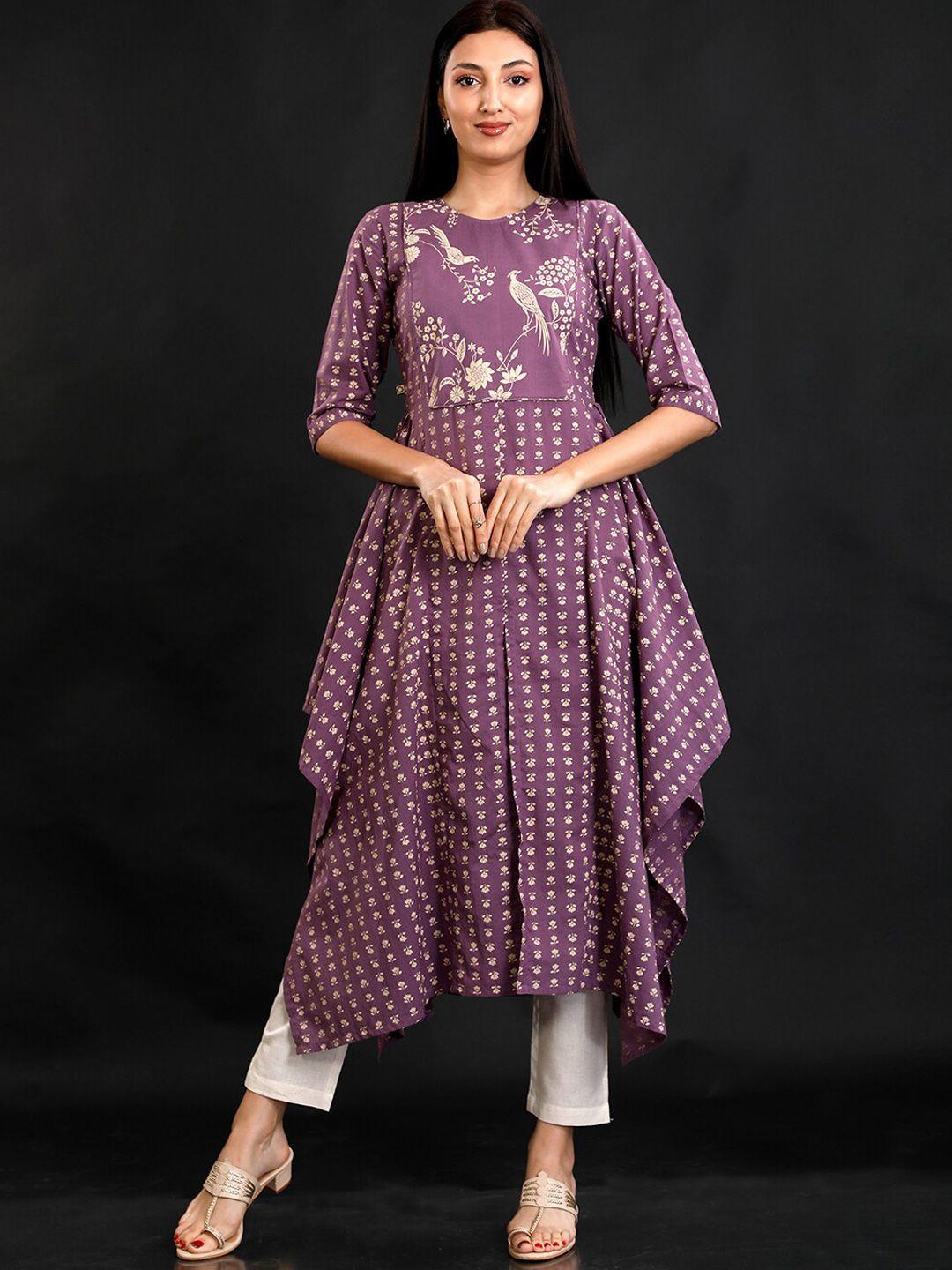 fabnest ethnic motifs printed asymmetric front slit cotton kurta