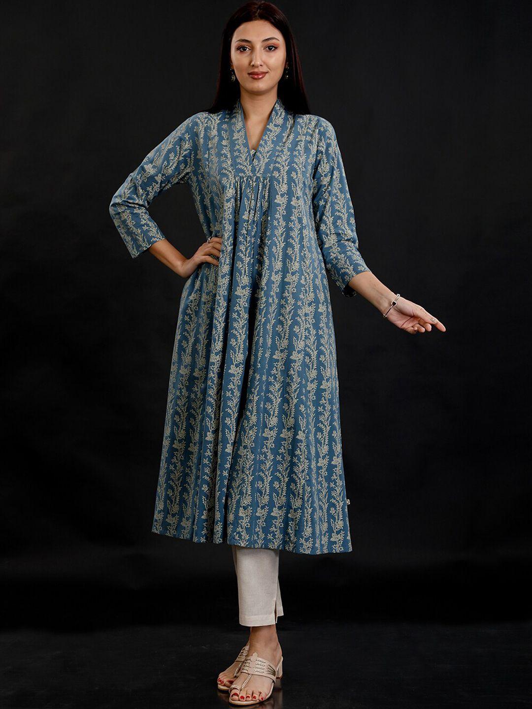 fabnest ethnic motifs printed v-neck pleated pure cotton a-line kurta