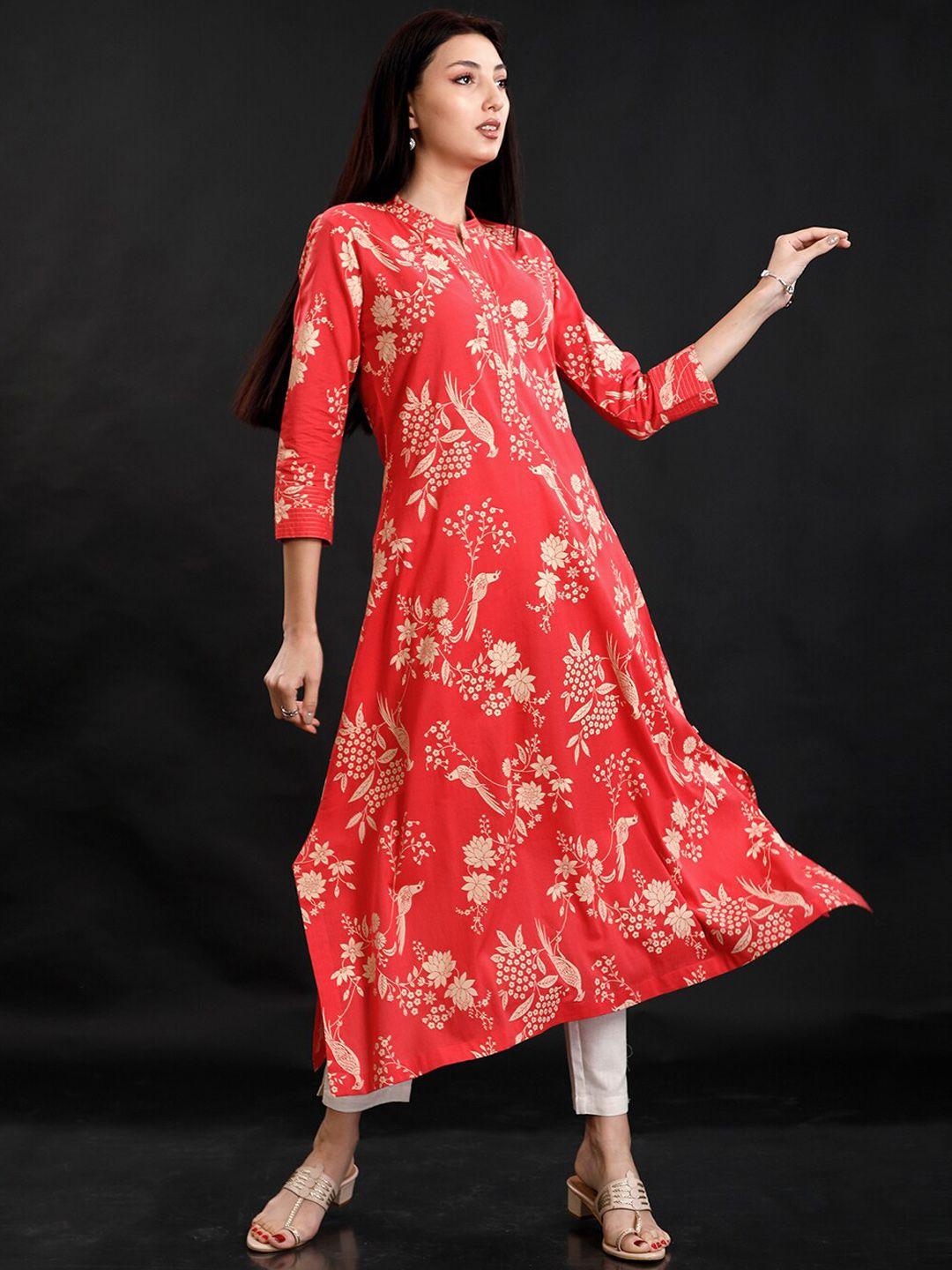 fabnest floral printed mandarin collar pure cotton kurta with pyjamas