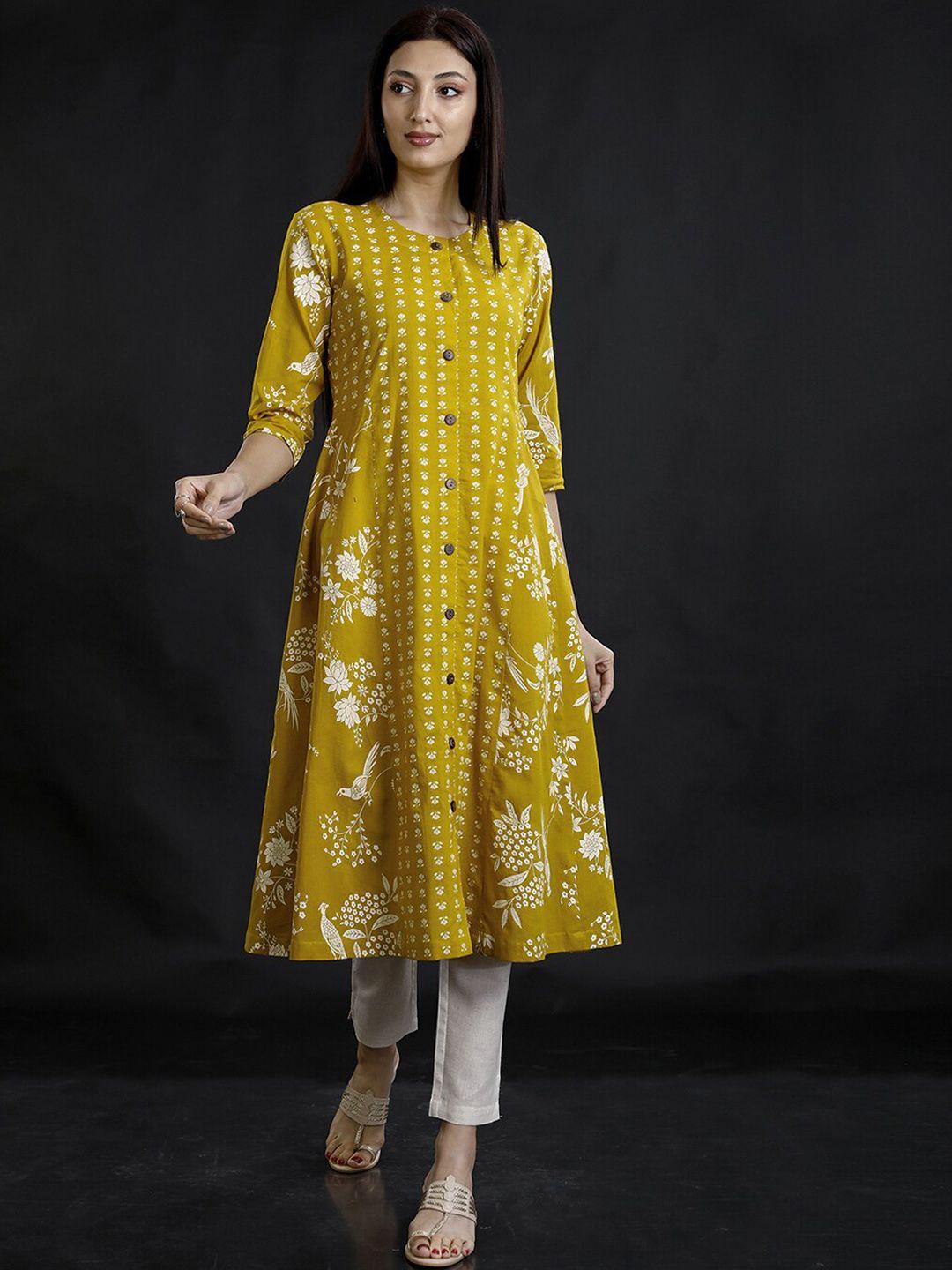 fabnest front slit floral printed a-line pure cotton kurta with pyjamas