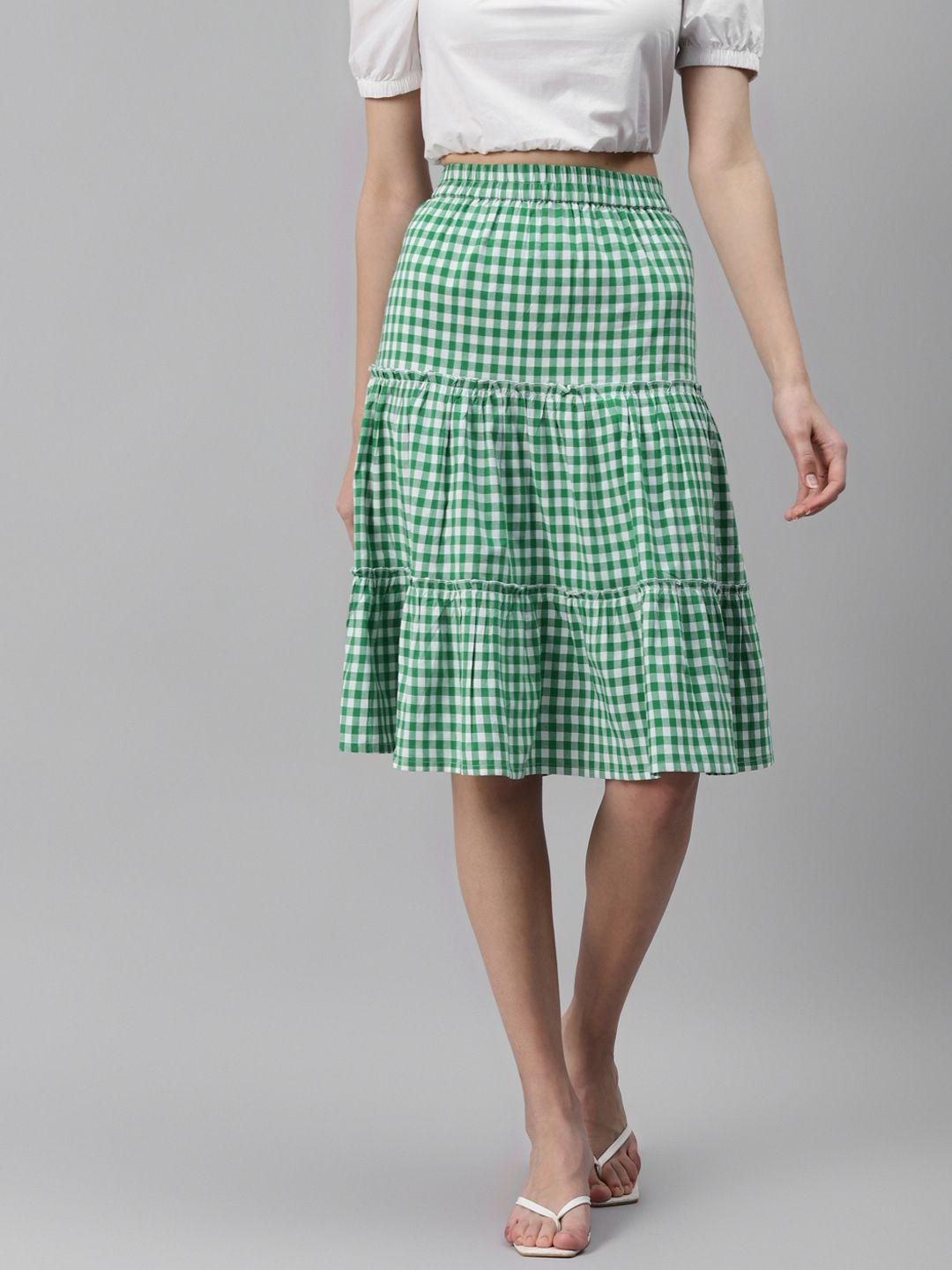 fabnest green & white gingham checks pleated ruffles casual flared tiered skirt