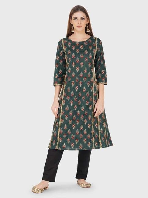 fabnest green ajrakh print a line kurta with gota inserts