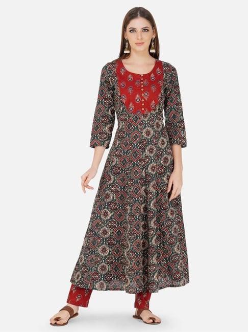 fabnest green ajrakh print anarkali kurta witha contrast yoke