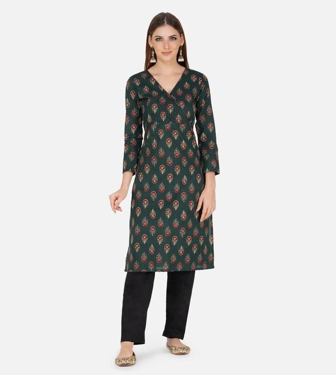 fabnest green ajrakh print straight kurta set