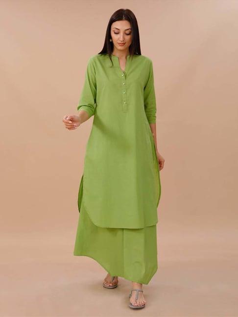 fabnest green cotton straight kurta paired with assymetrical pants