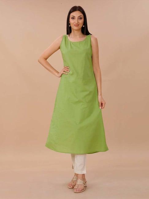 fabnest green sleeveless cotton straight kurta with pant