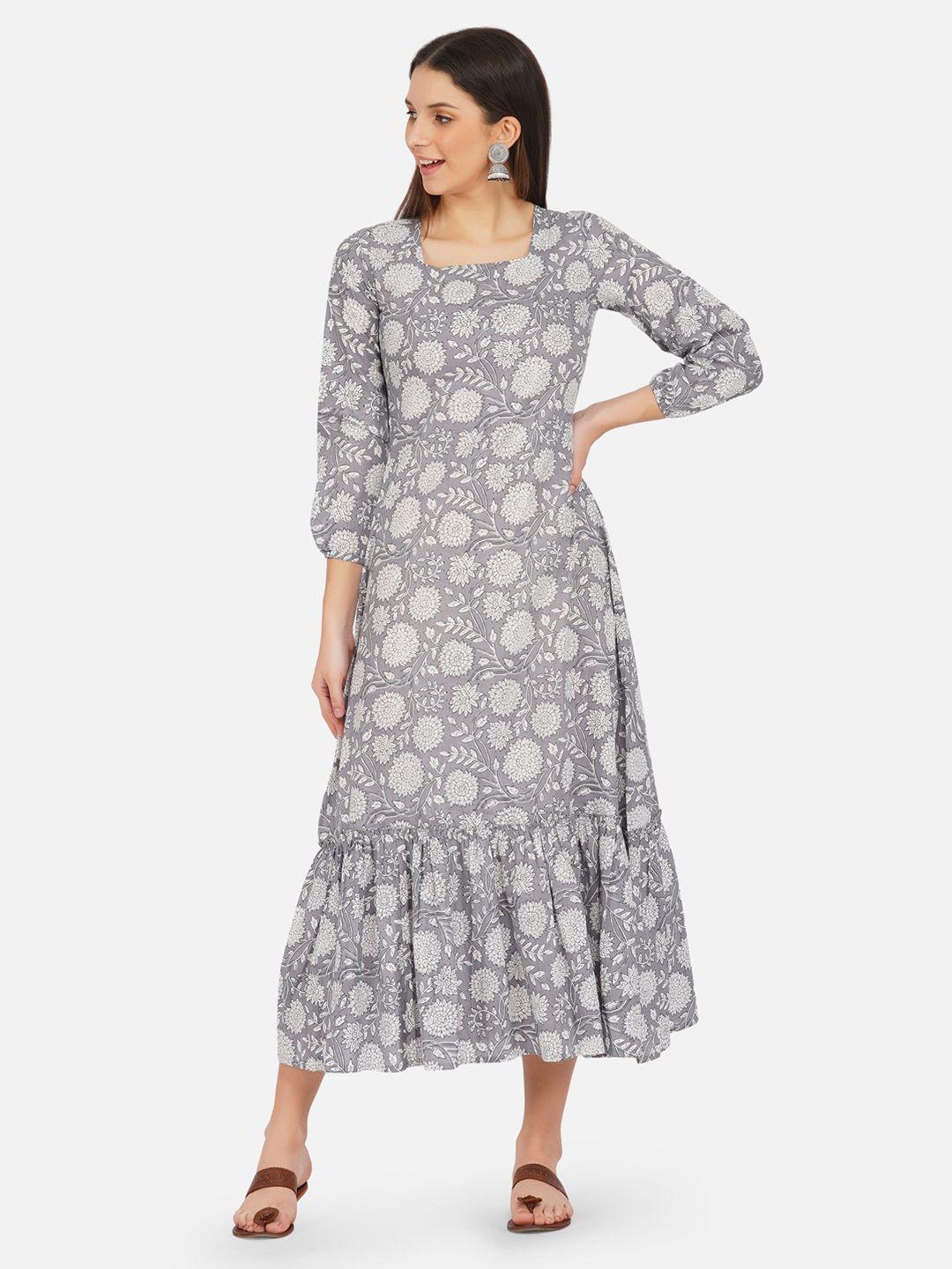 fabnest grey & off white floral square-neck a-line midi dress