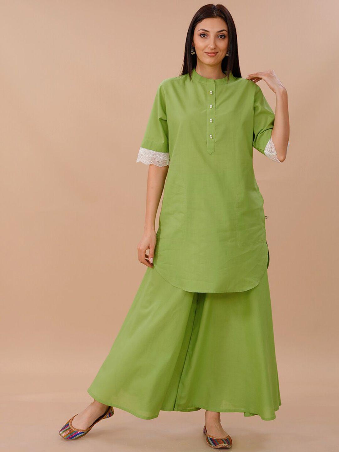 fabnest mandarin collar lace detail curved pure cotton kurta with palazzos