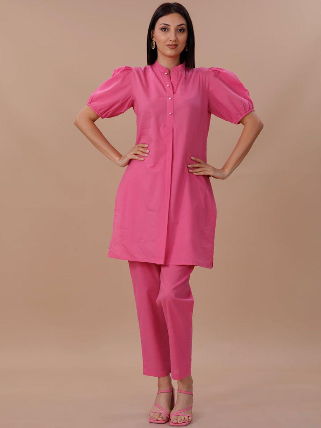 fabnest mandarin collar puff sleeves pure cotton kurti & trousers