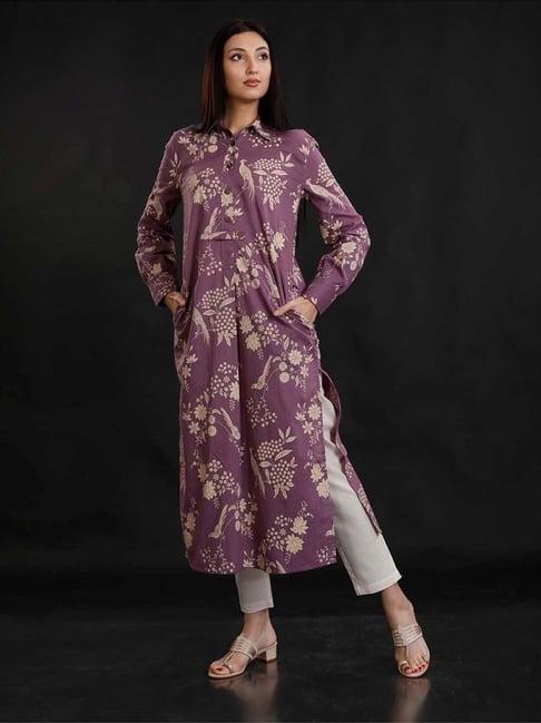 fabnest multi cotton discharge brid print collar neck kurta and pant set