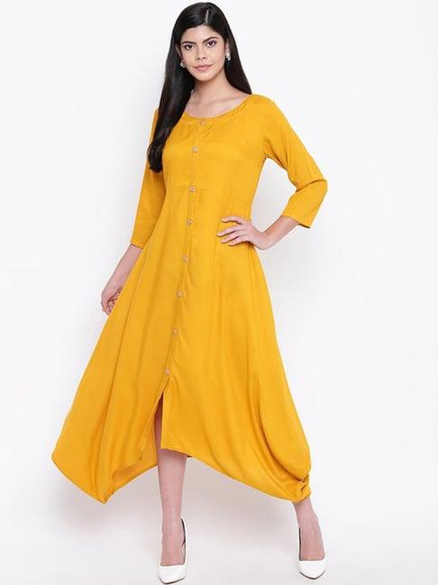 fabnest mustard regular fit assymetric dress