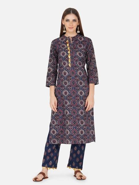 fabnest navy ajrakh print straight kurta with gota flowers at front placket