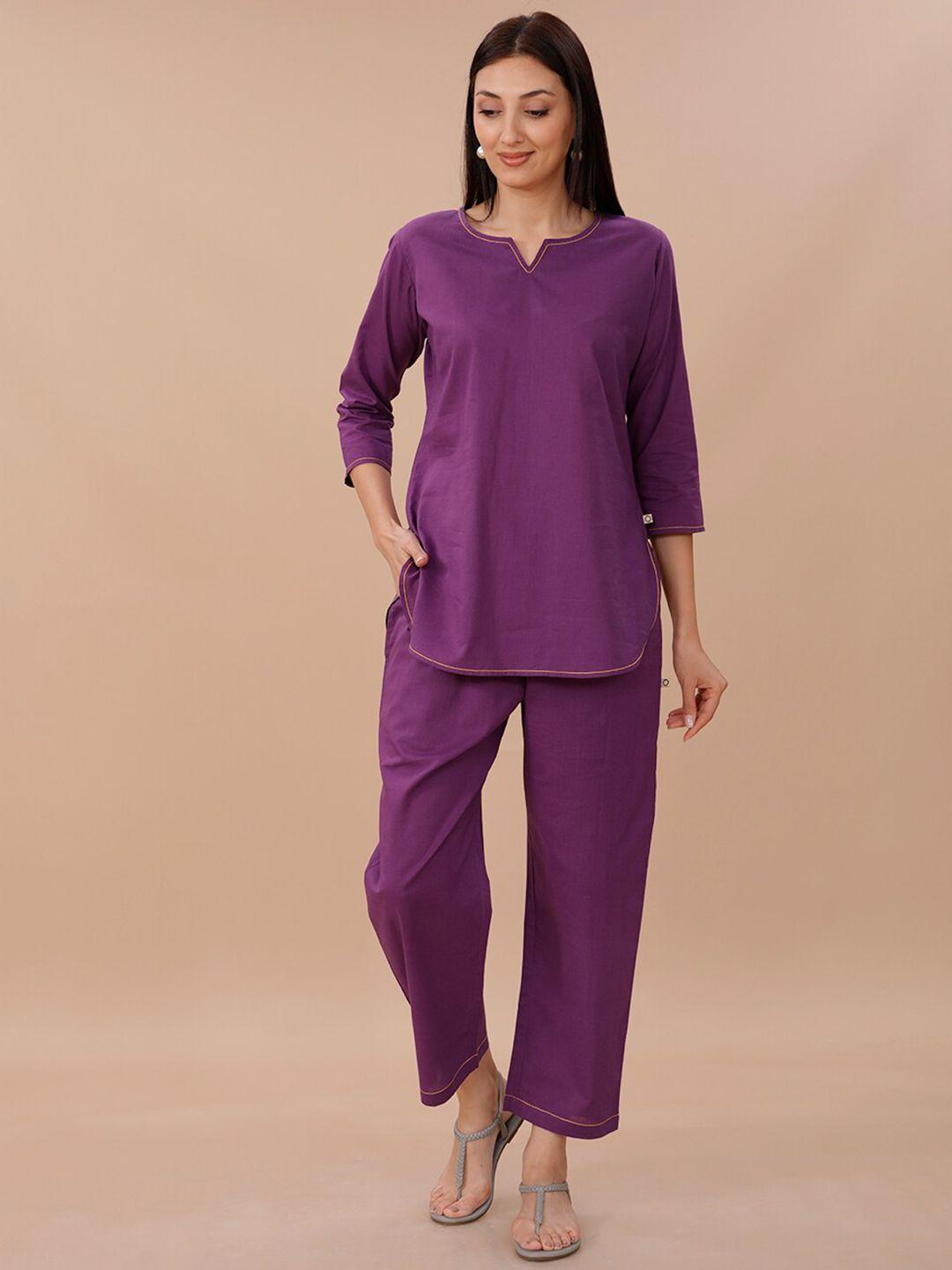 fabnest notched neck pure cotton top with trousers