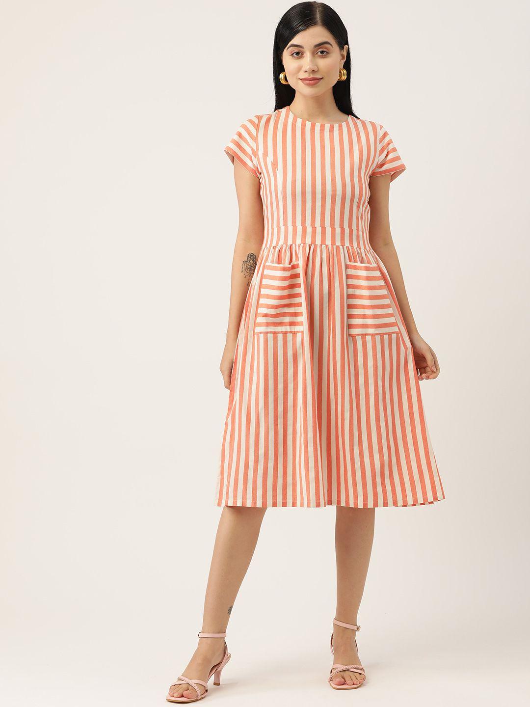 fabnest orange & off white striped cotton dress