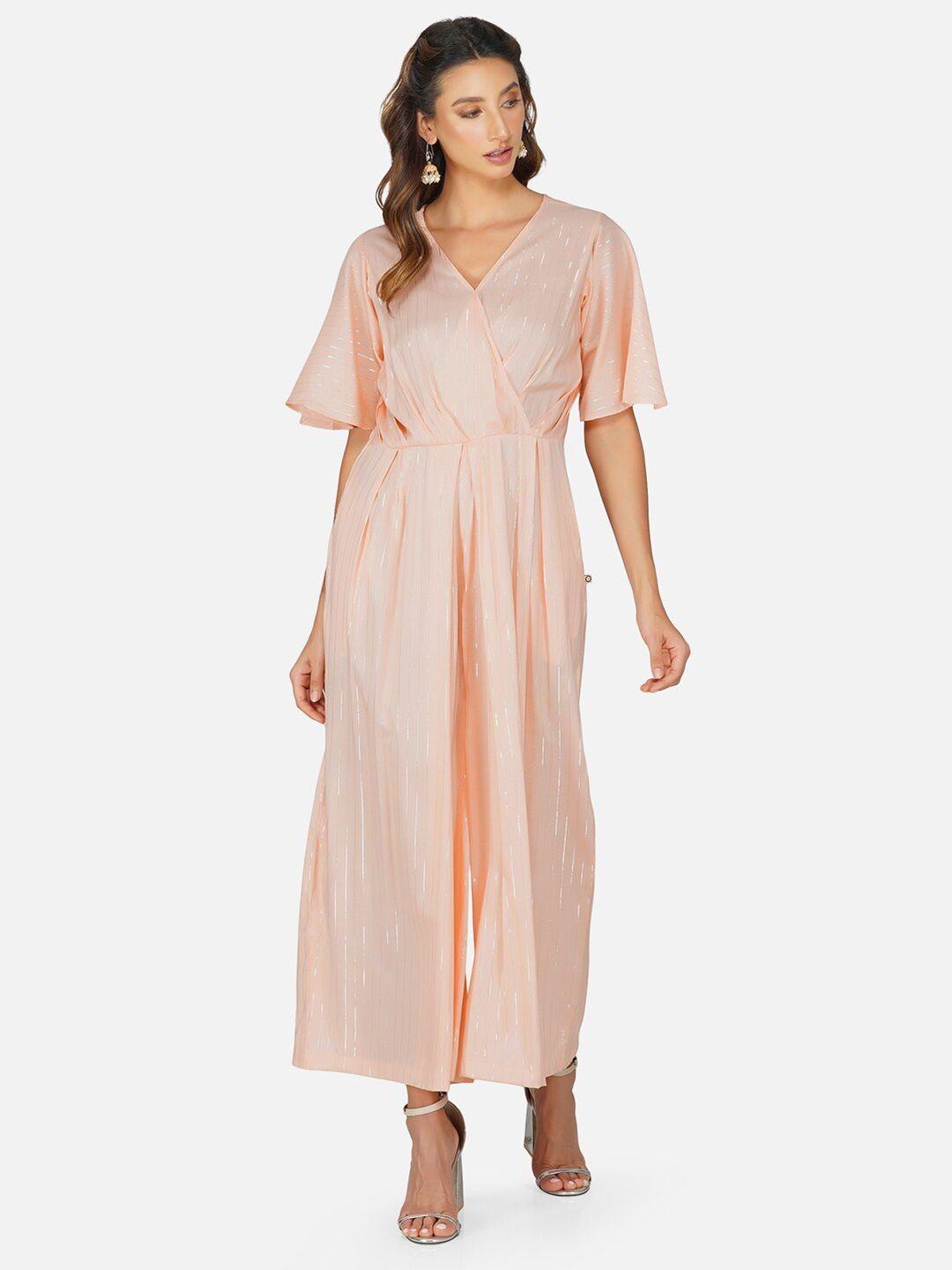 fabnest peach-coloured & silver-toned striped basic jumpsuit