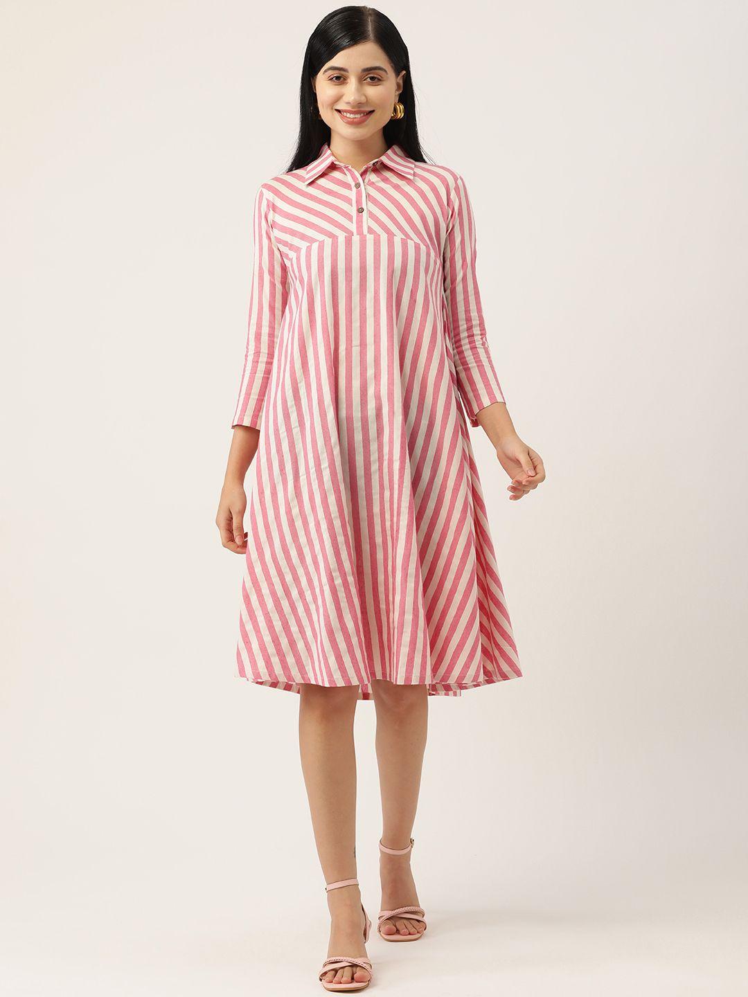 fabnest red & off white striped a-line cotton dress