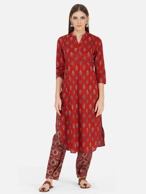 fabnest red ajrakh print kurta with pintucks and u-shaped bottom