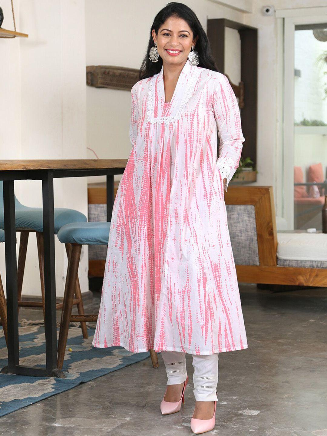 fabnest shibori dyed lace work a-line pure cotton kurta with trousers