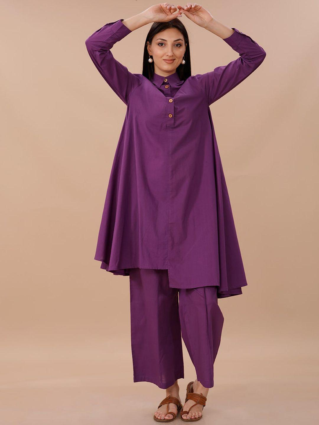 fabnest shirt collar pure cotton a-line kurta and trousers