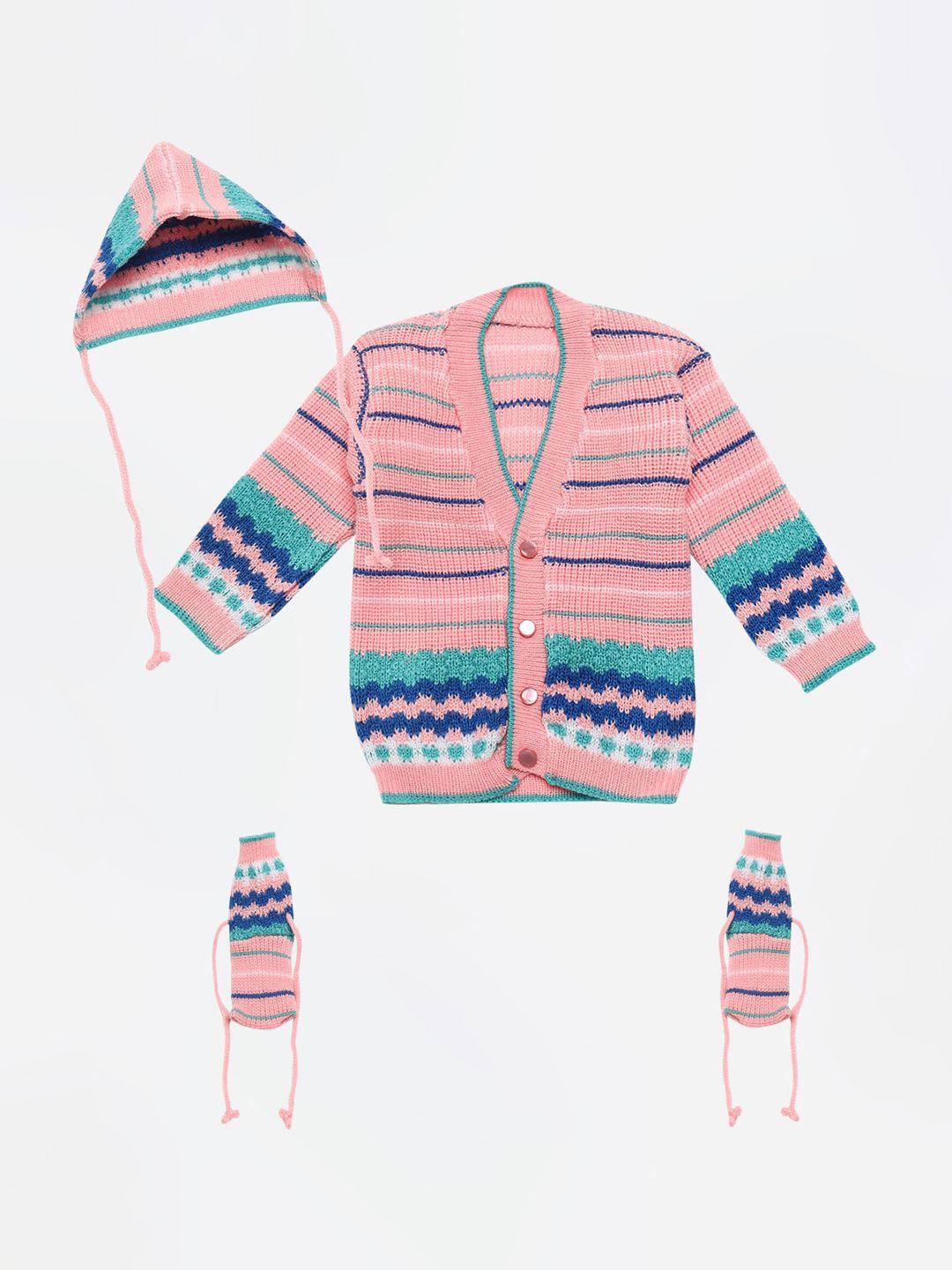 fabnest unisex kids pack of 3 pink striped cardigan sweater with cap and socks