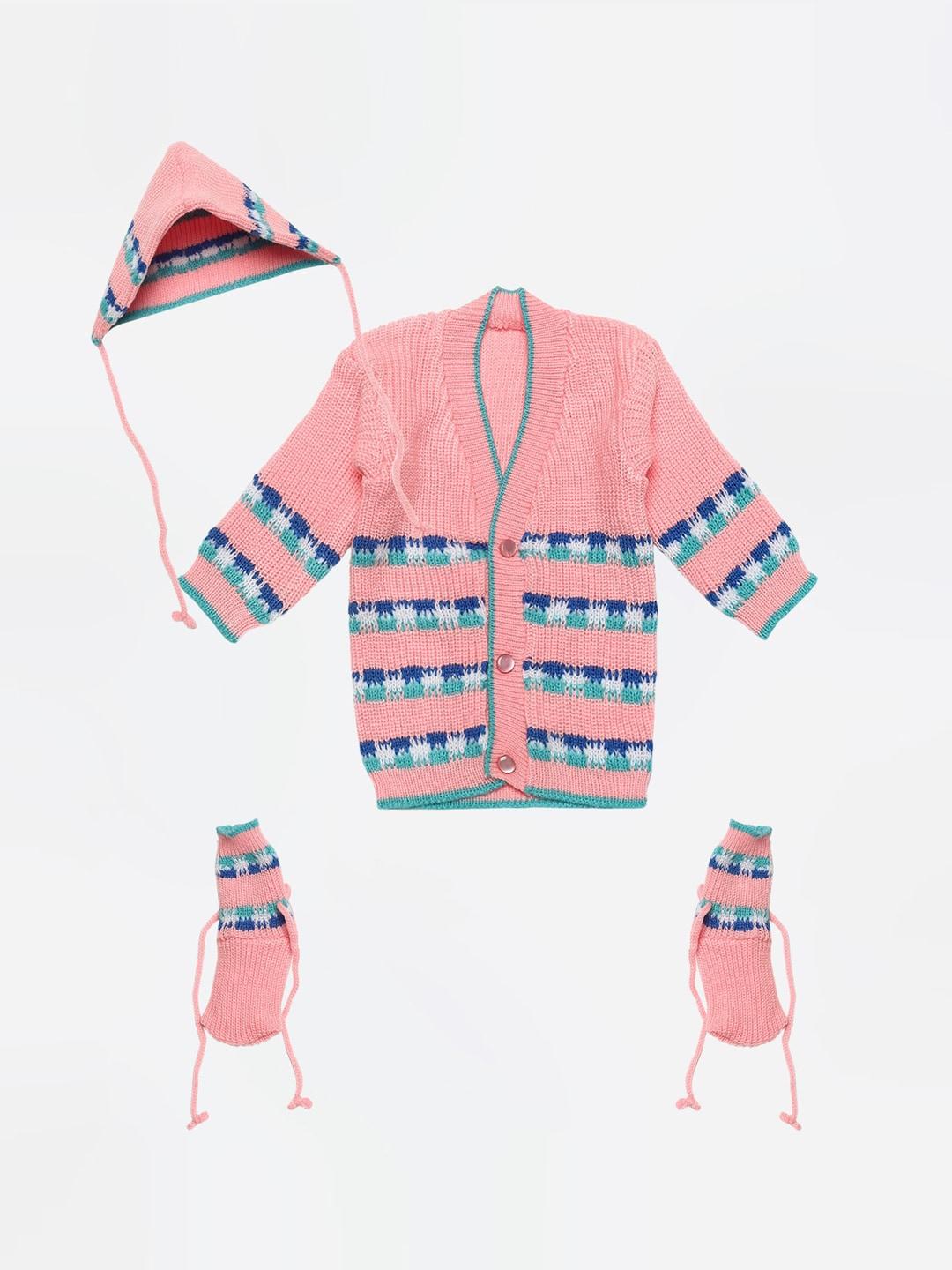 fabnest unisex kids pink printed cardigan sweater with cap and socks