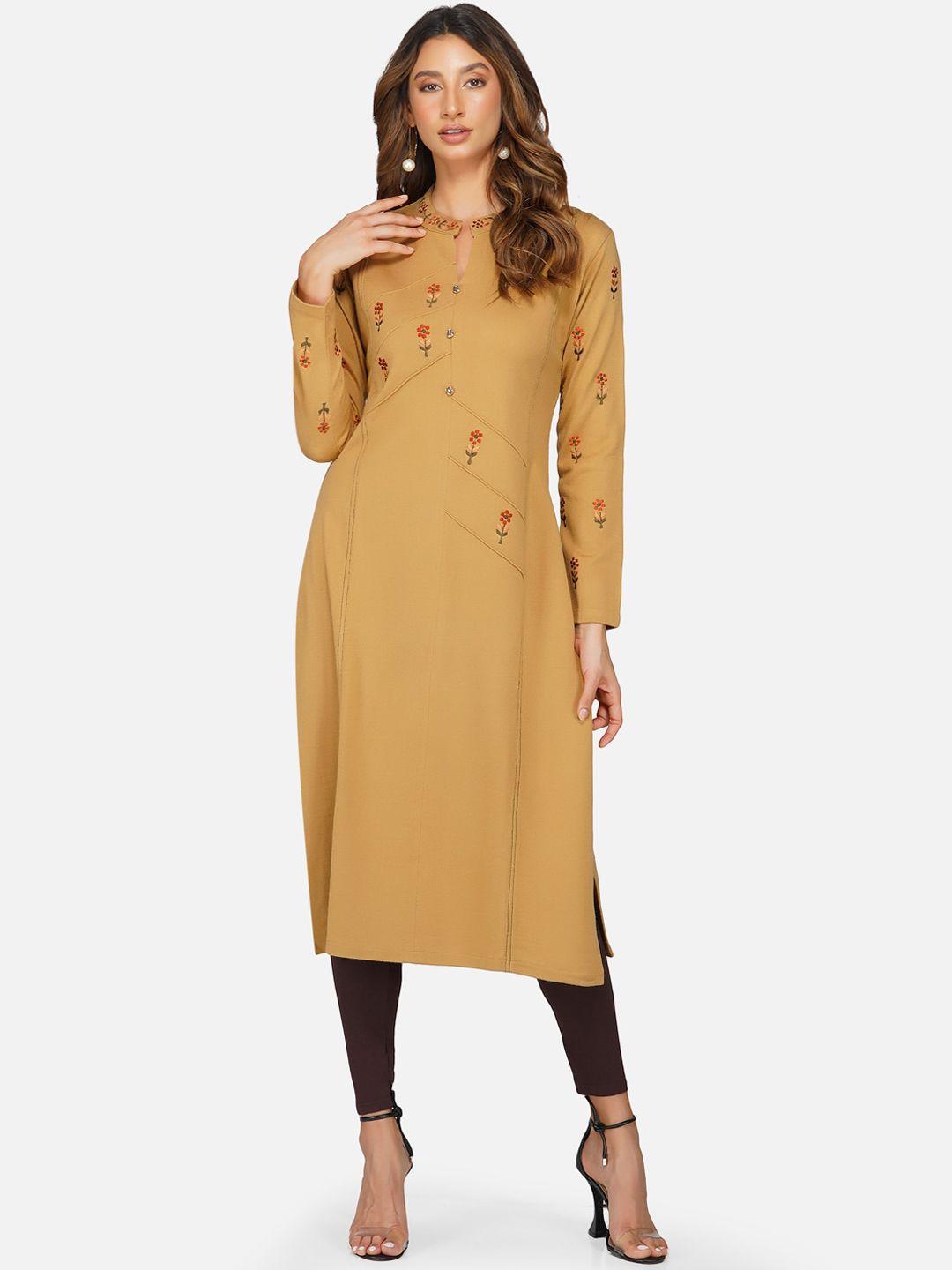 fabnest women beige floral embroidered keyhole neck kurta