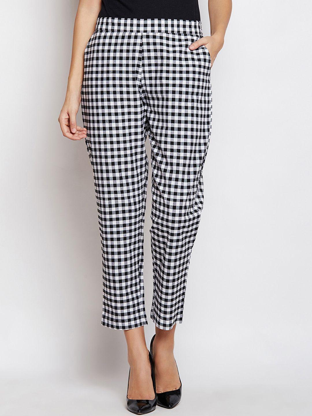 fabnest women black & white smart regular fit checked regular trousers