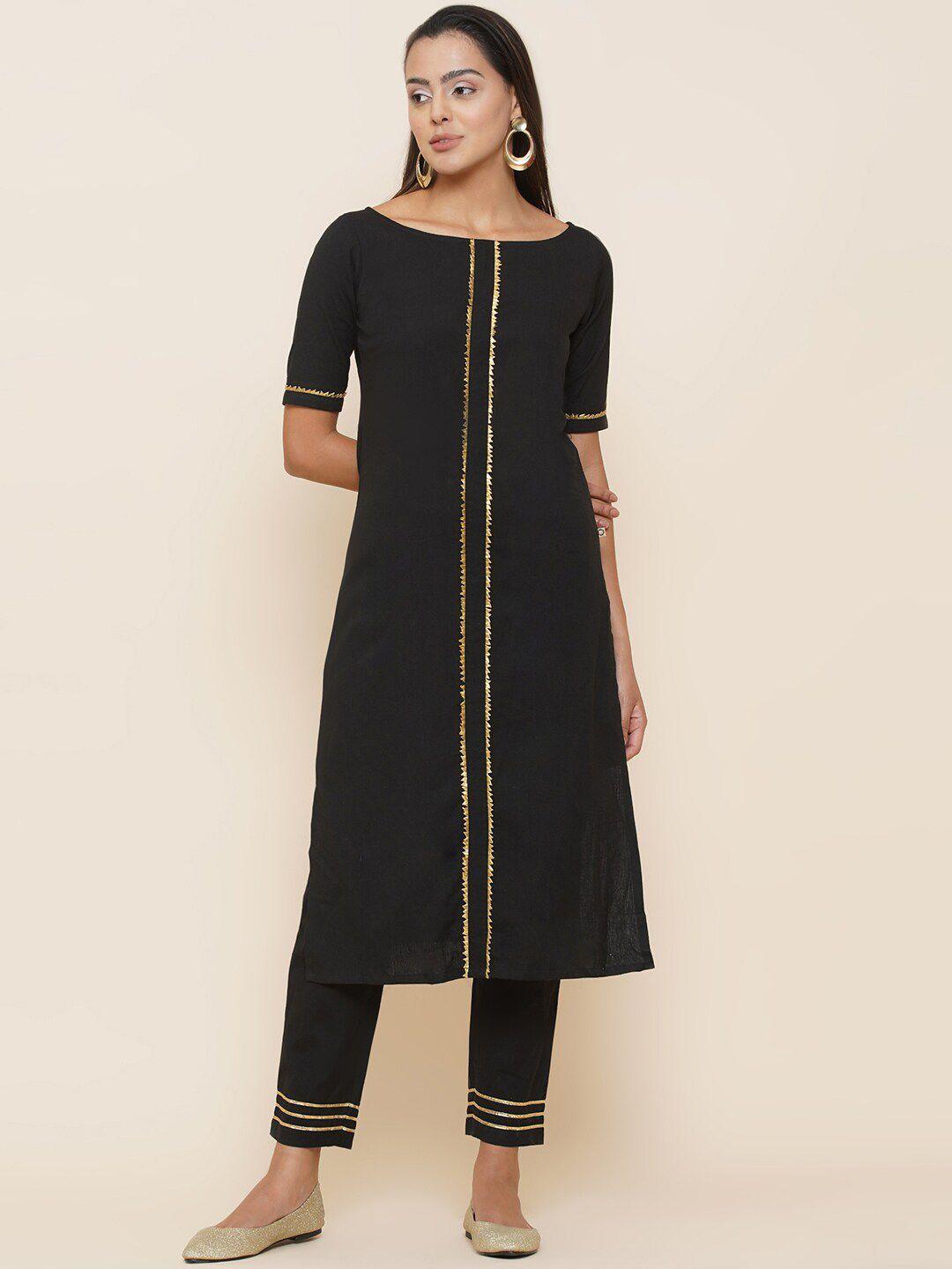 fabnest women black panelled pure cotton kurta with trousers