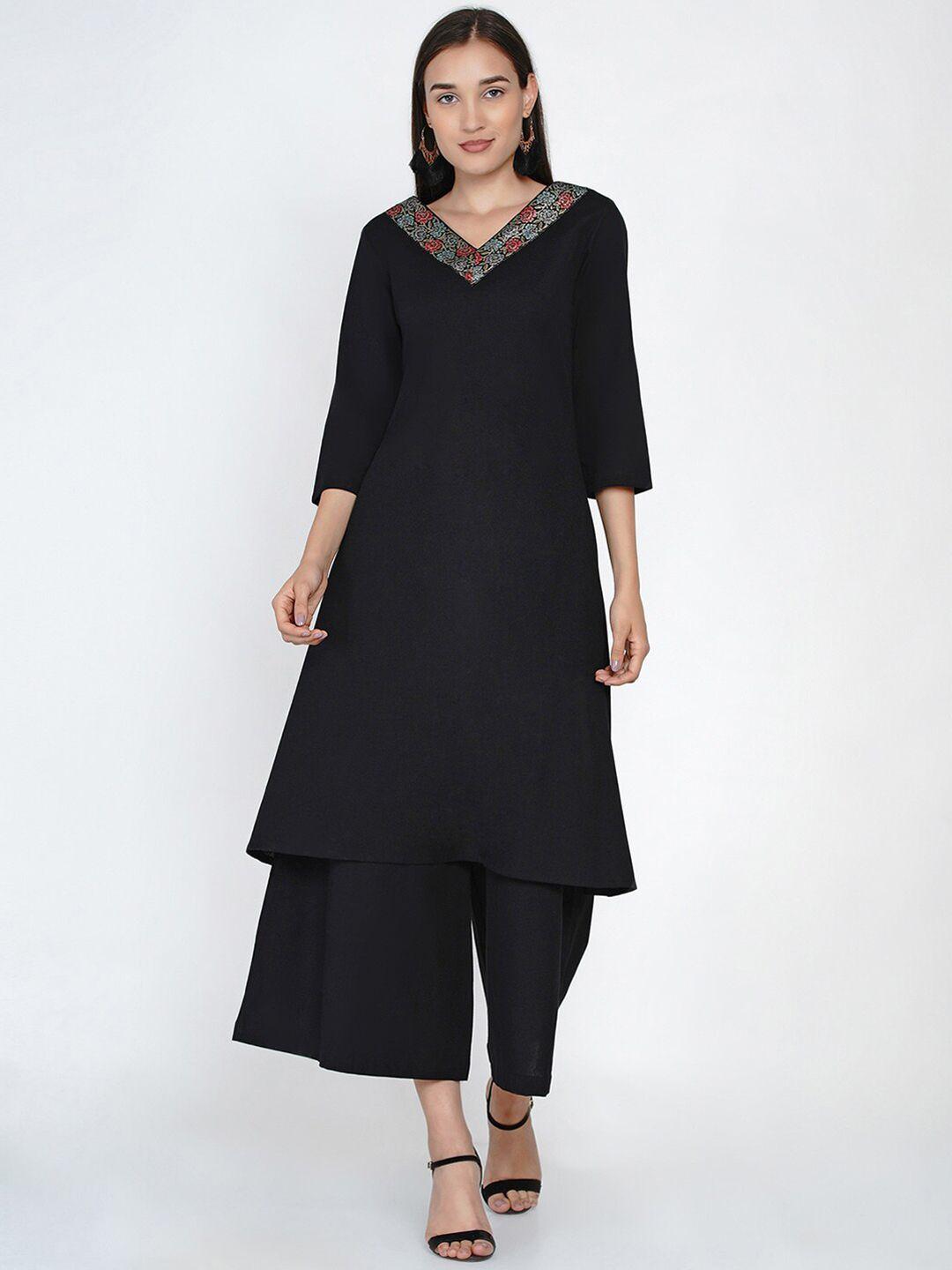 fabnest women black solid kurta with palazzos