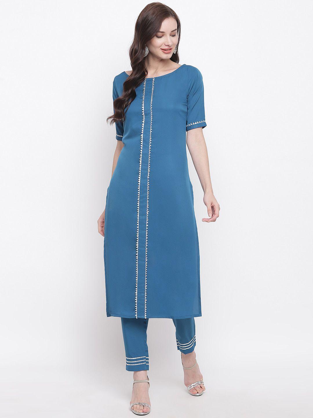 fabnest women blue panelled gotta patti kurta with trousers