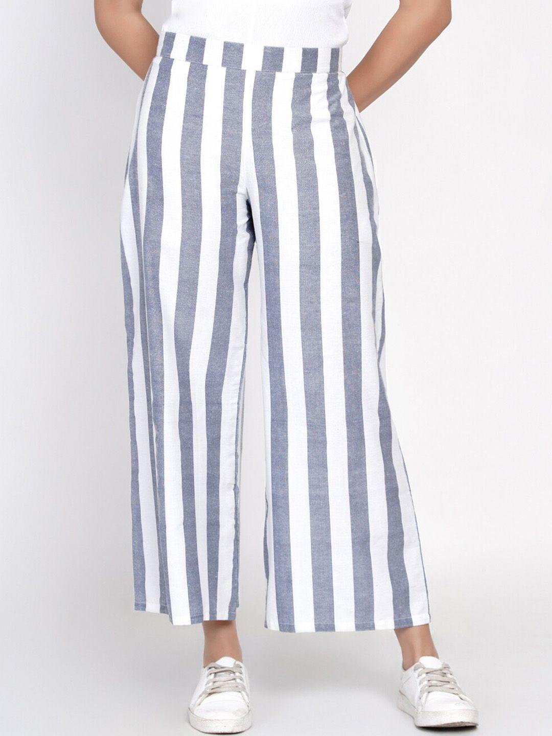 fabnest women blue striped relaxed straight leg cotton trousers