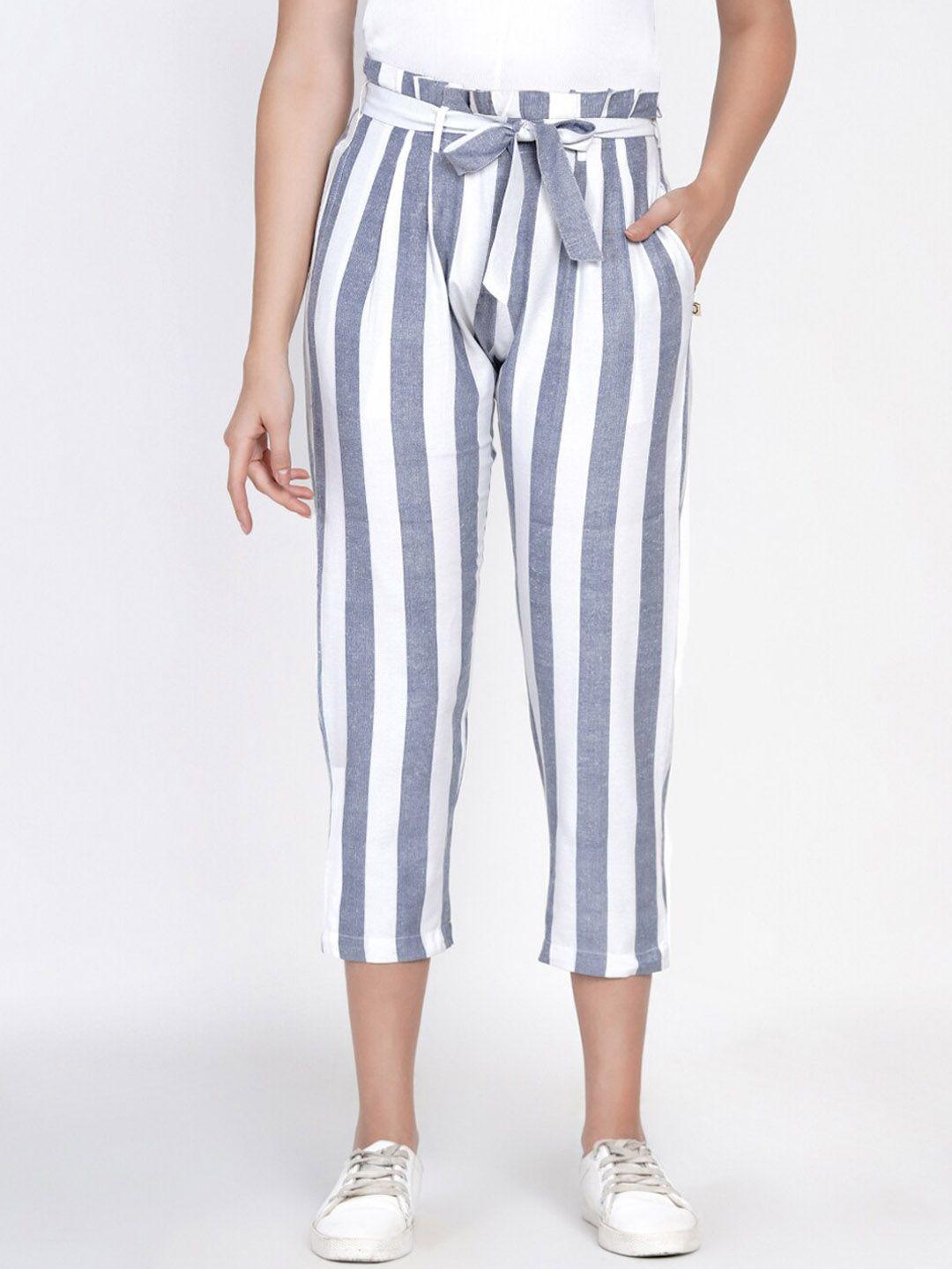 fabnest women blue striped relaxed straight leg trousers