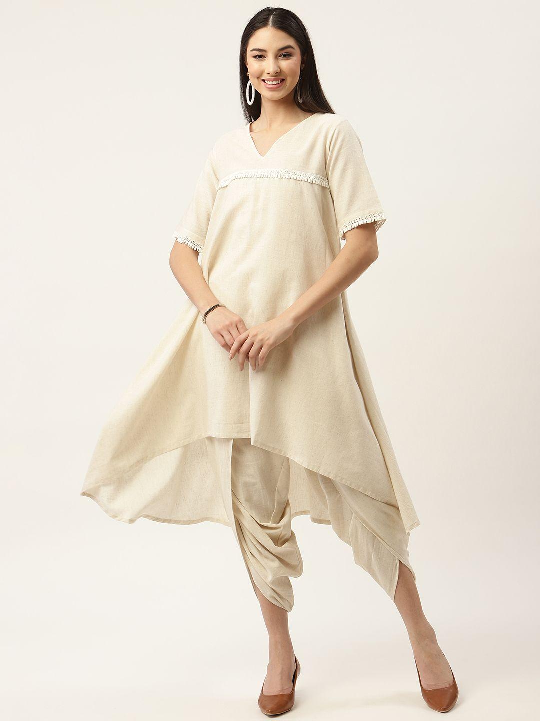 fabnest women cream-coloured pure cotton kurta with dhoti pants