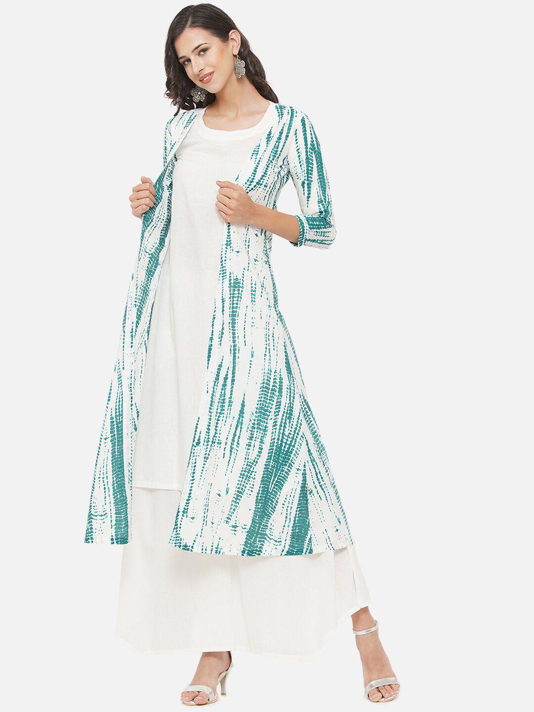 fabnest women green & white printed longline fusion shrug