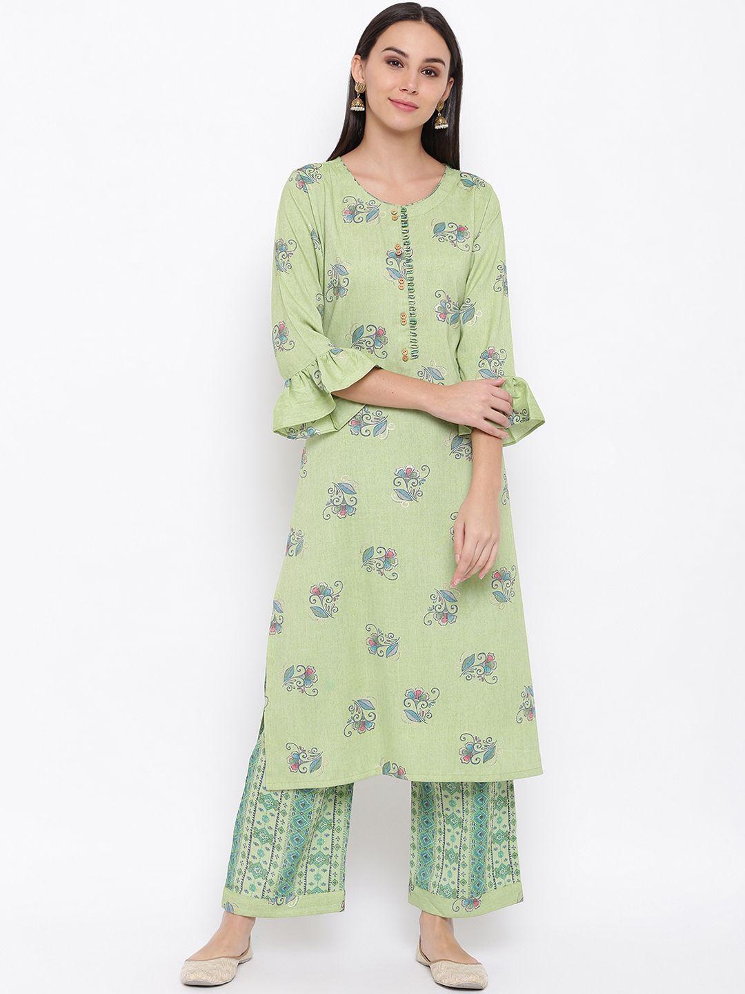fabnest women green floral print kurta with palazzos