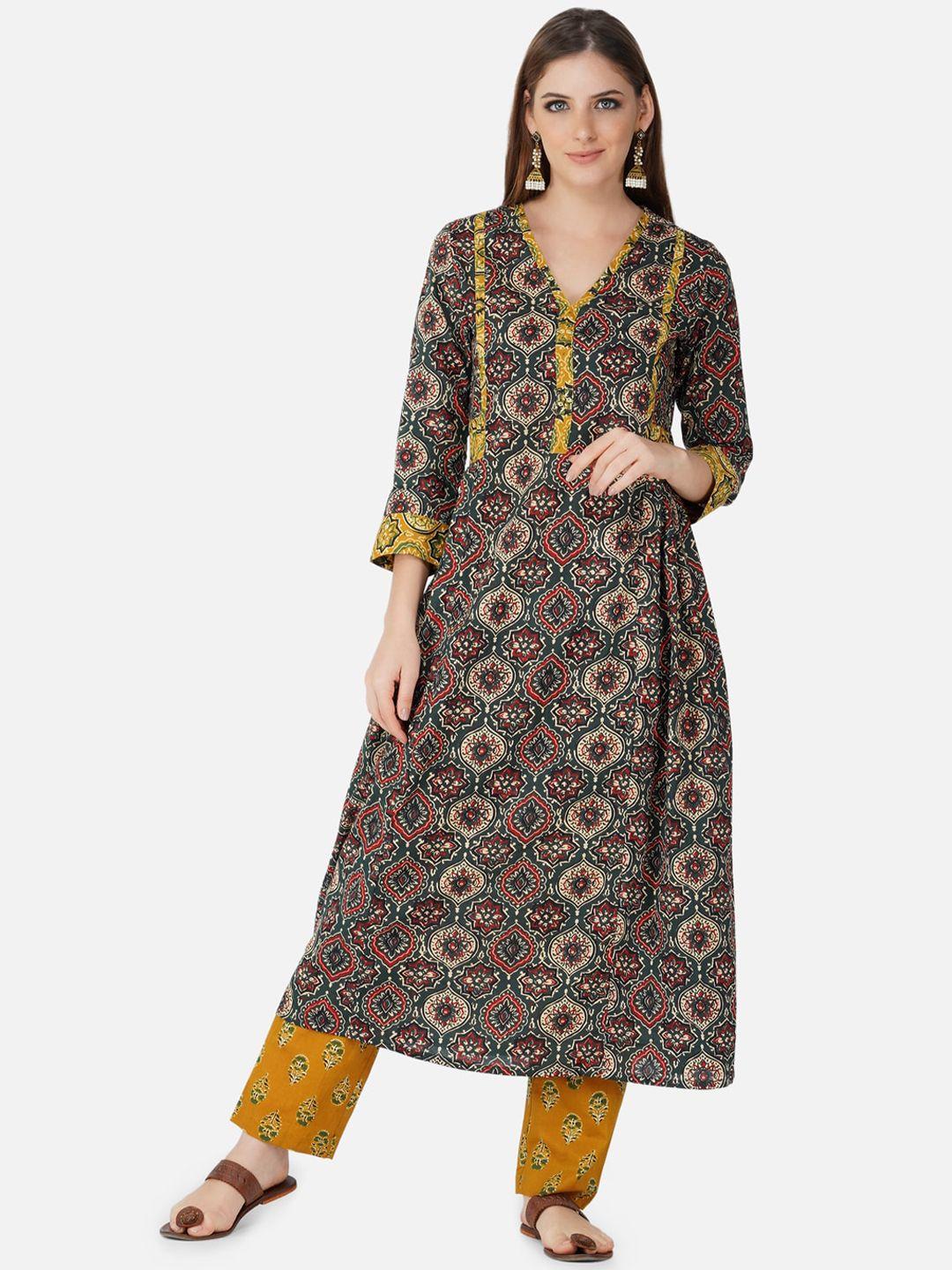 fabnest women green floral printed regular pure cotton kurta with trousers