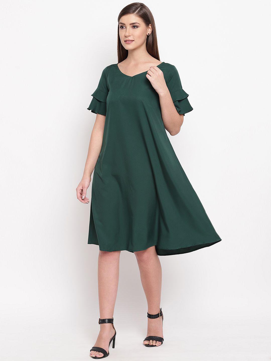 fabnest women green solid a-line dress