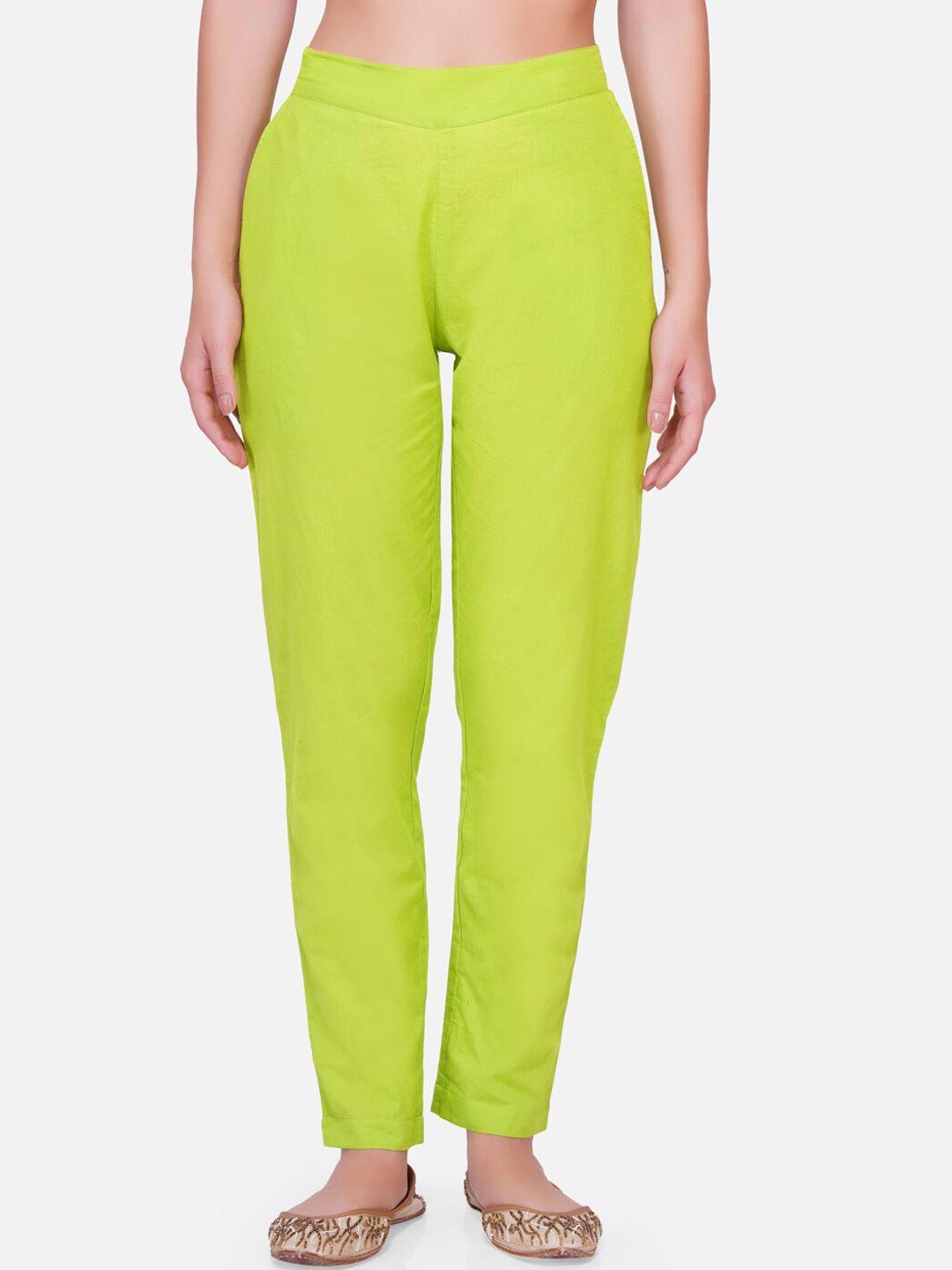 fabnest women green solid cotton trousers