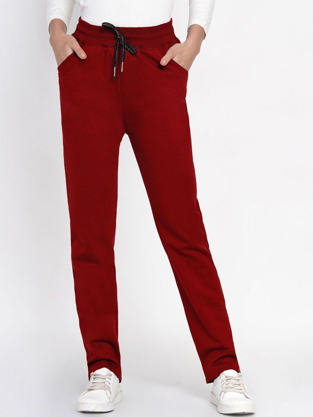 fabnest women maroon regular fit solid regular trousers