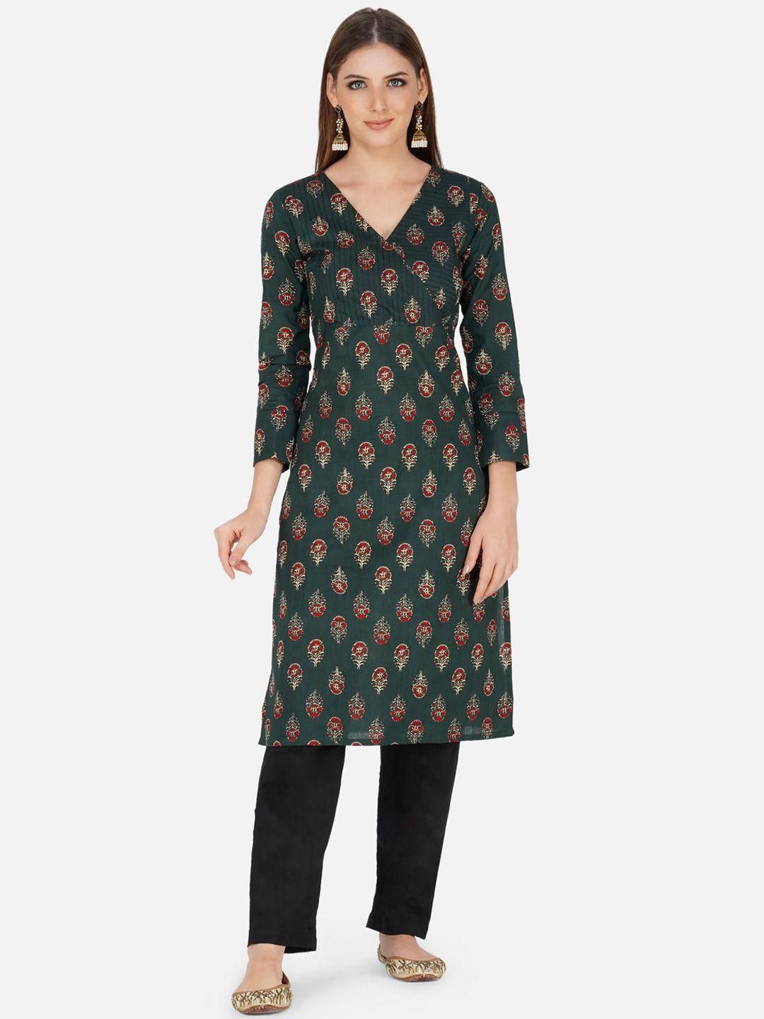 fabnest women multicoloured ethnic motifs printed angrakha pure cotton kurta with trousers