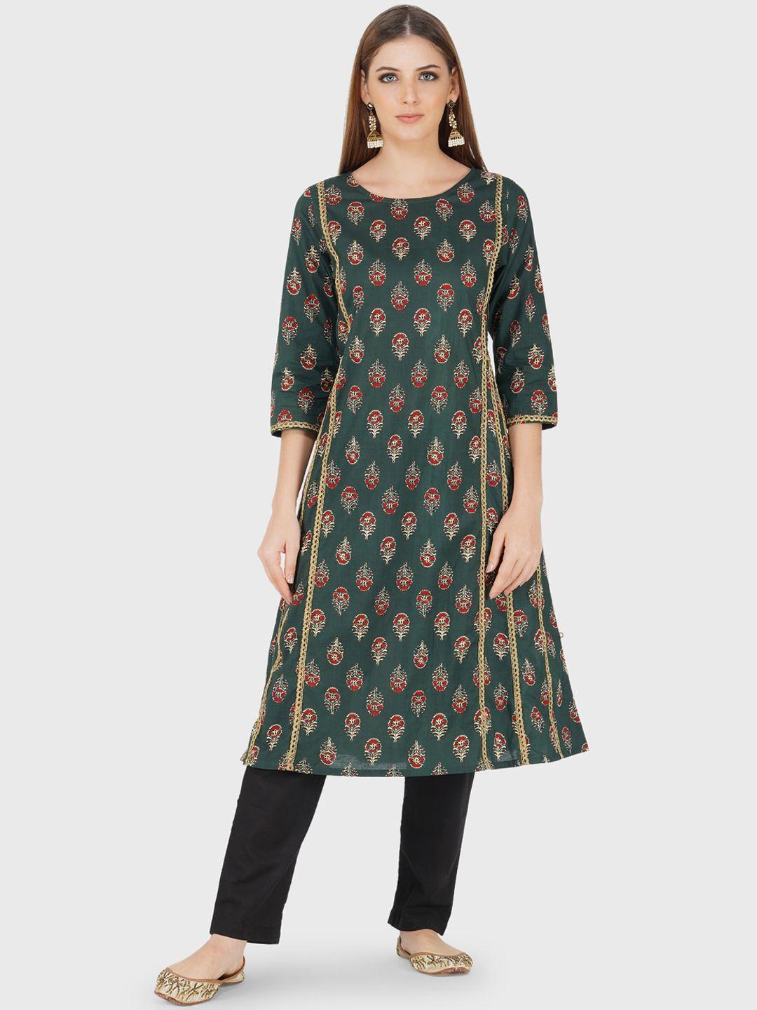 fabnest women multicoloured ethnic motifs printed gotta patti pure cotton kurti with trousers