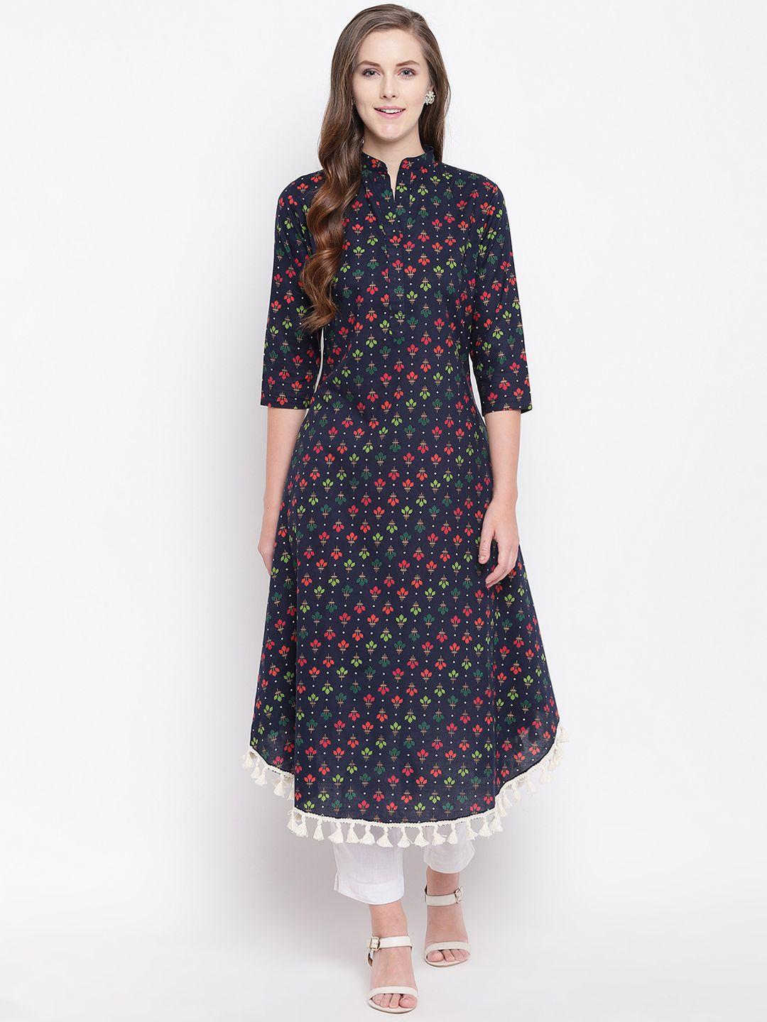 fabnest women navy blue & red printed a-line kurta