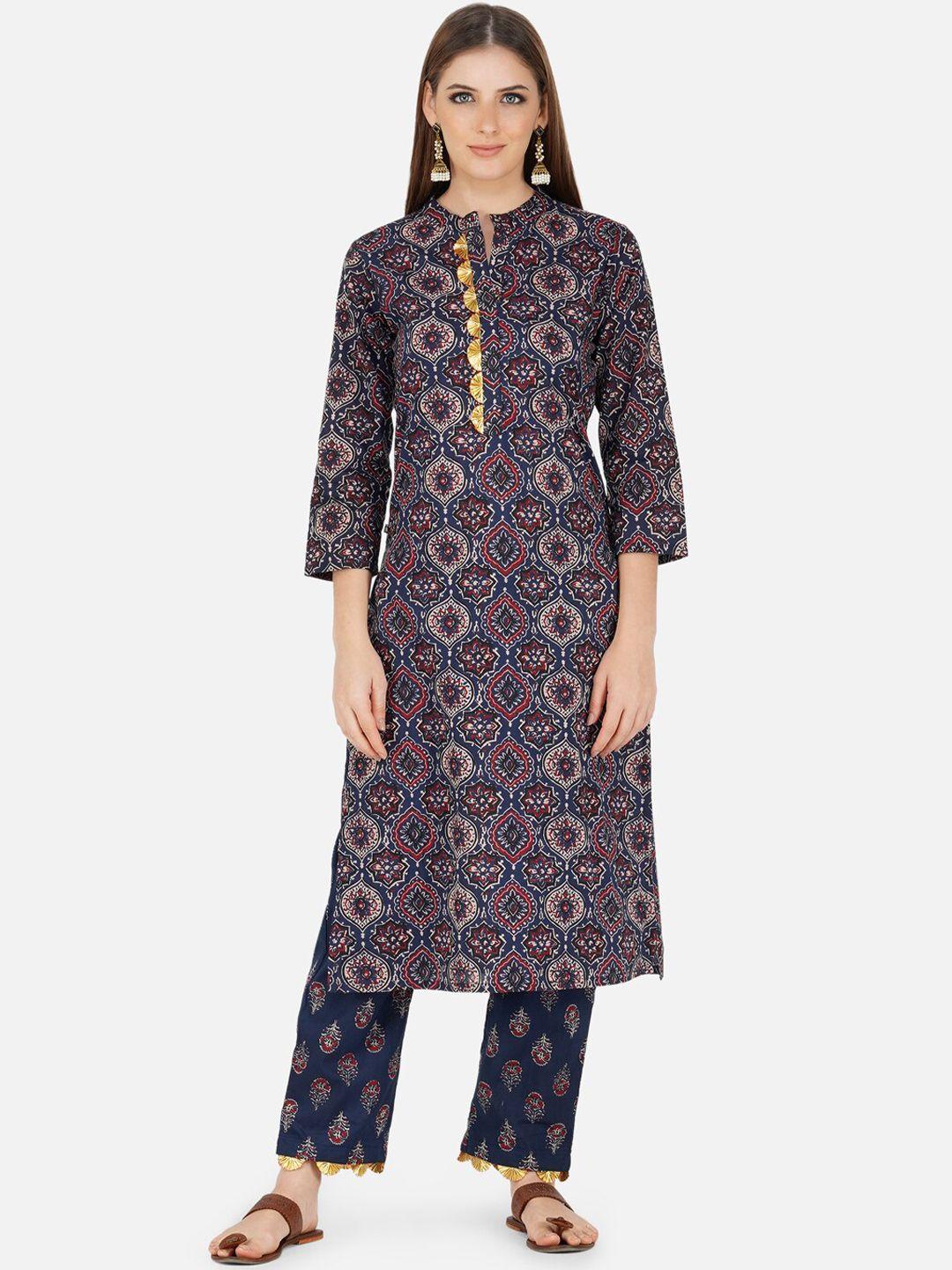 fabnest women navy blue ethnic motifs printed gotta patti pure cotton kurta & trousers