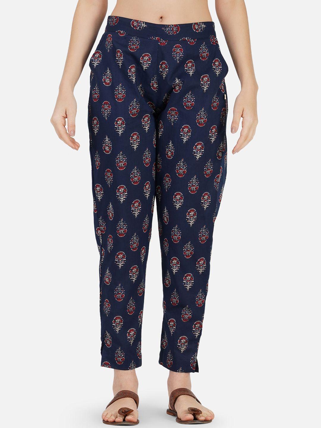 fabnest women navy blue ethnic motifs printed relaxed pleated ankle  trousers