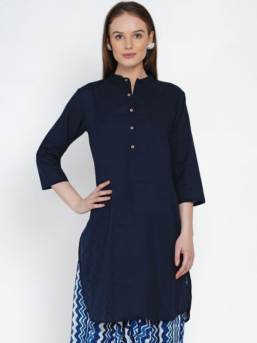 fabnest women navy blue solid cotton kurta