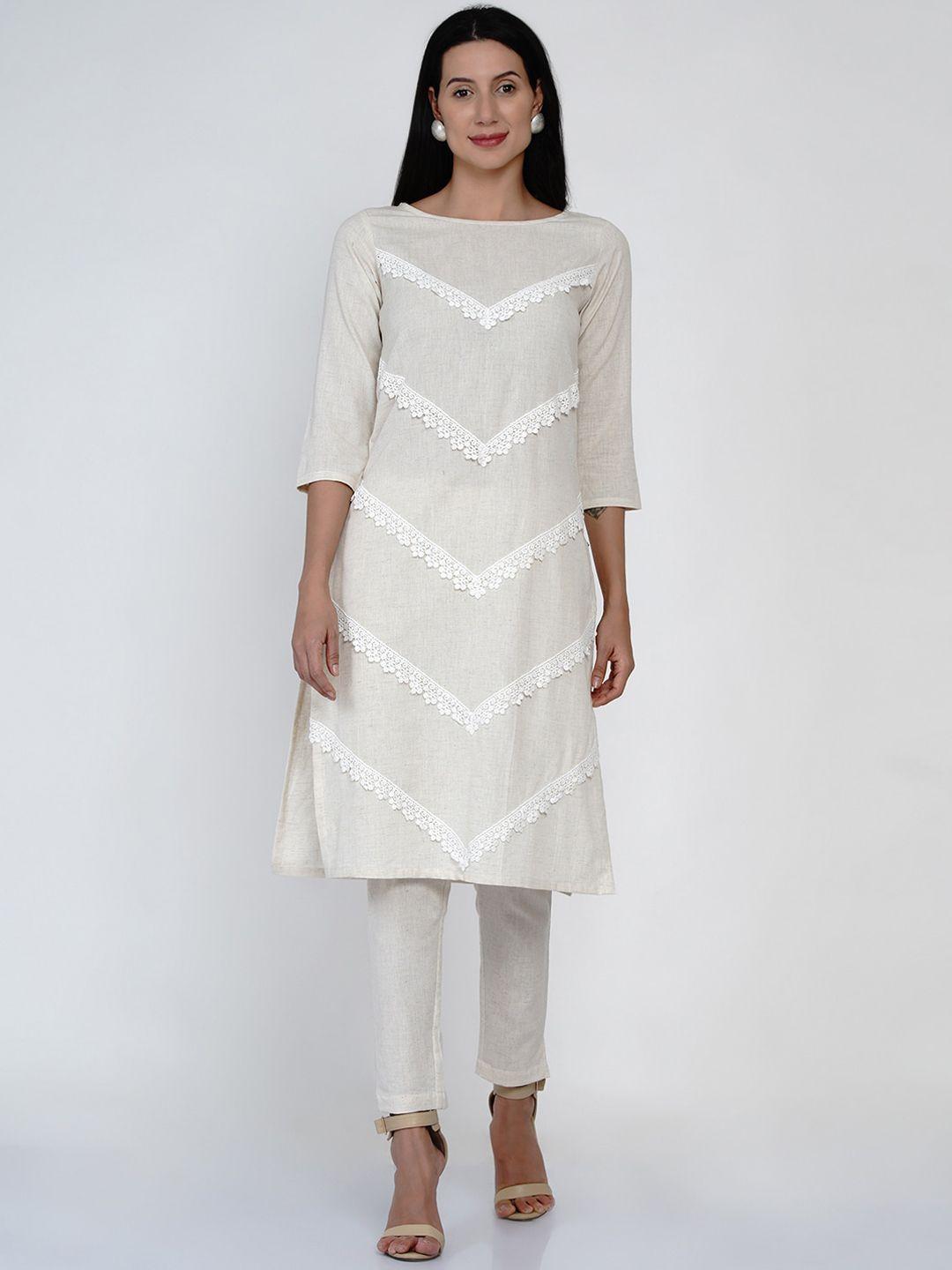 fabnest women off white floral thread work pure cotton kurta with trousers