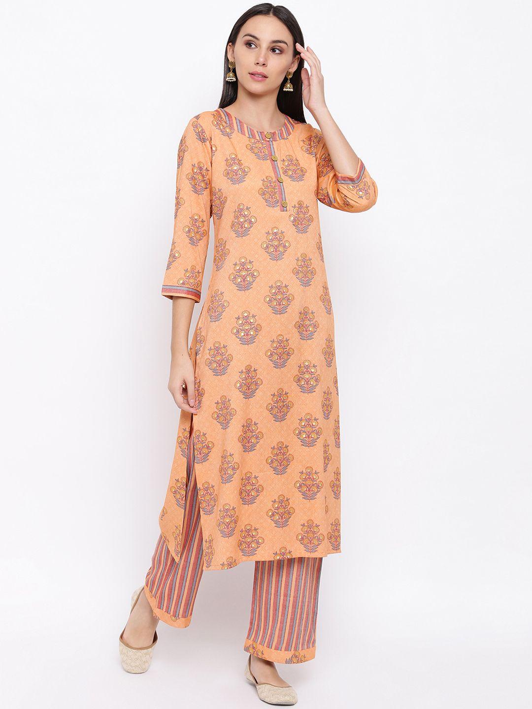 fabnest women orange floral printed kurta with palazzos