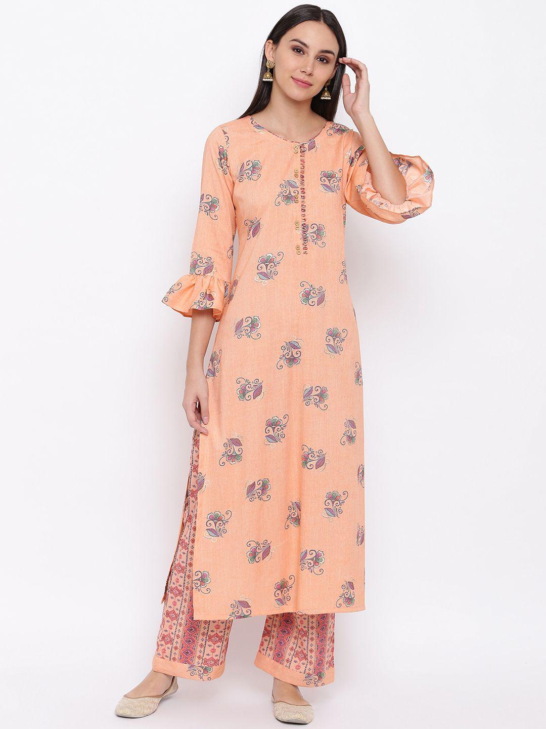 fabnest women peach floral print kurta & palazzos